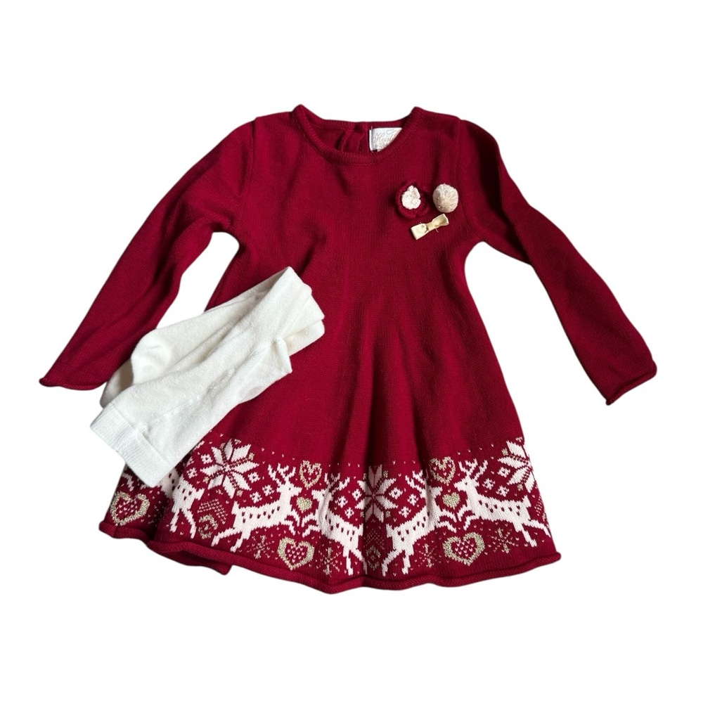 Festive Red Knit Dress with White Tights